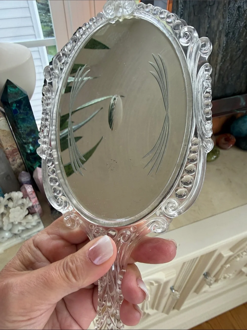 Vintage Clear Lucite Handheld Vanity Mirror